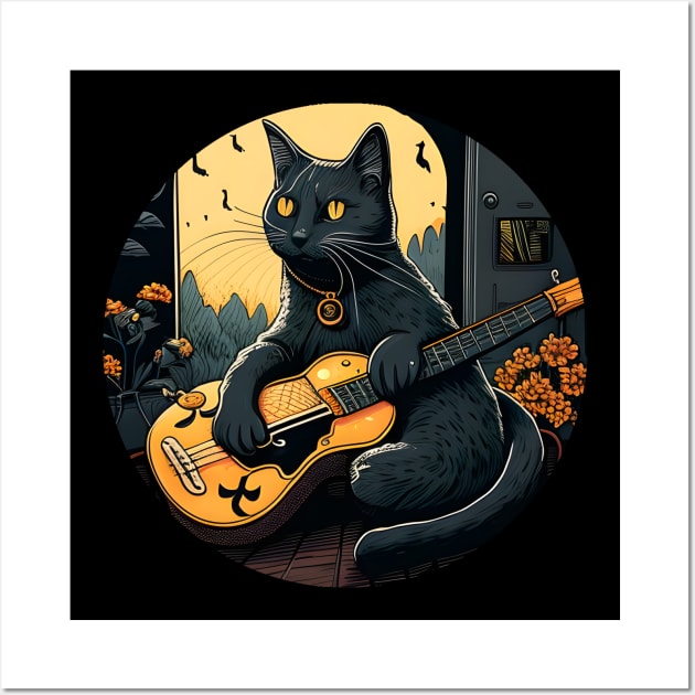 Alone Cool Black Cat Playing Guitar Bass - Love Cats Wall Art by Daphne R. Ellington